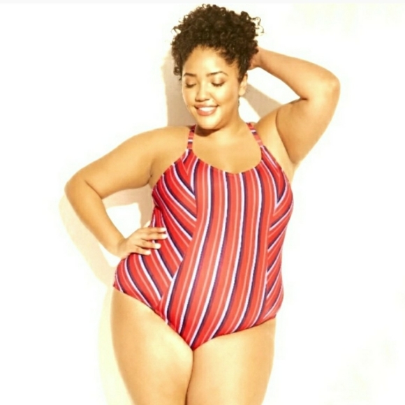 🆕 NWT Plus 1X Swimsuit 16 16W Red Striped Lace Up Back Swim Suit NEW - Picture 1 of 3